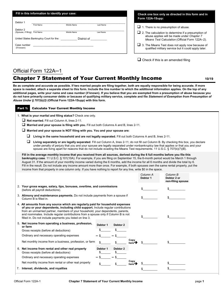Official Form 122A-1 Chapter 7 Statement of Your Current Monthly Income document preview