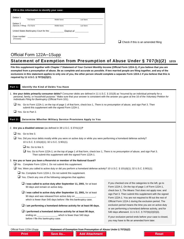 Official Form 122A-1Supp Statement of Exemption from Presumption of Abuse Under Section 707(b)(2) document preview