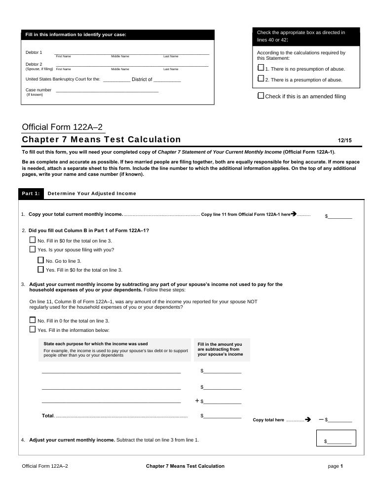 Official Form 122A-2 Chapter 7 Means Test Calculation document preview