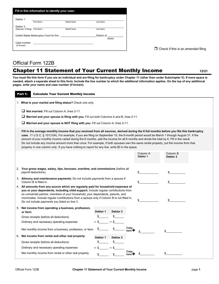 Official Form 122B Chapter 11 Statement of Your Current Monthly Income document preview
