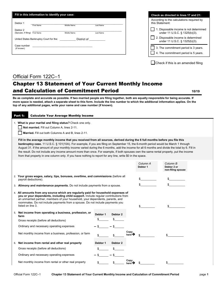 Official Form 122C-1 Chapter 13 Statement of Your Current Monthly Income and Calculation of Commitment Period document preview