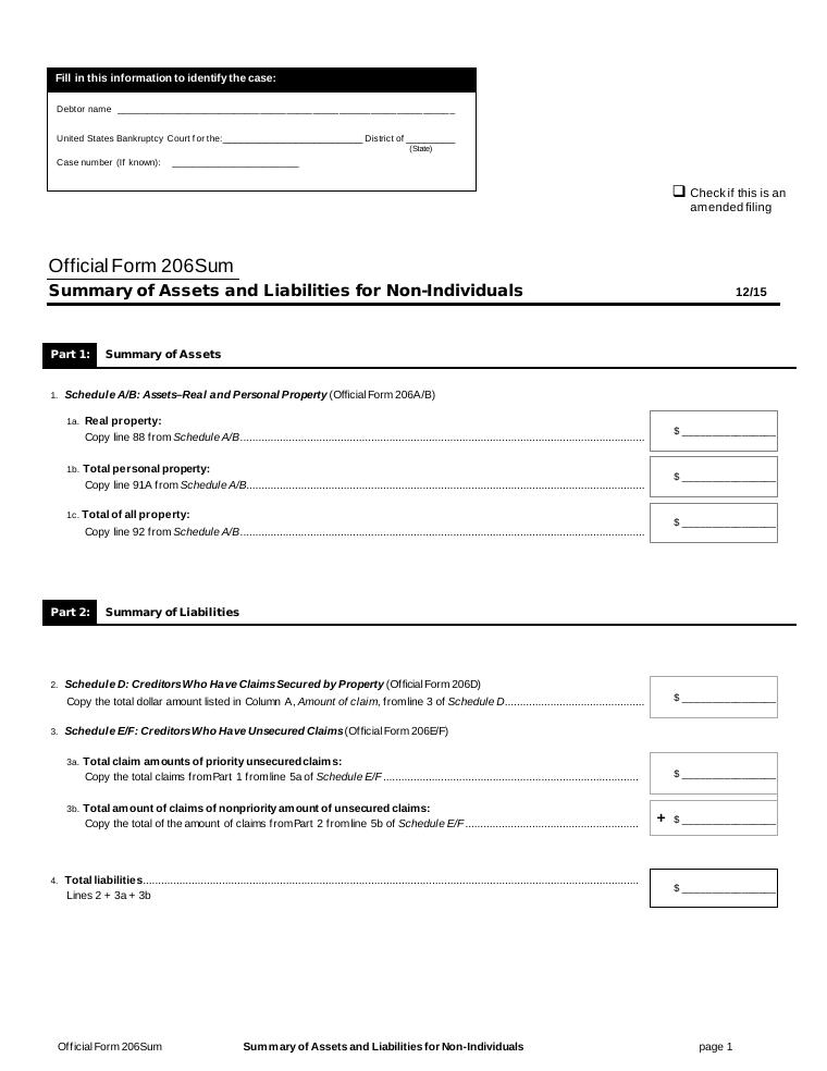 Official Form 206Sum Summary of Assets and Liabilities for Non-Individuals document preview
