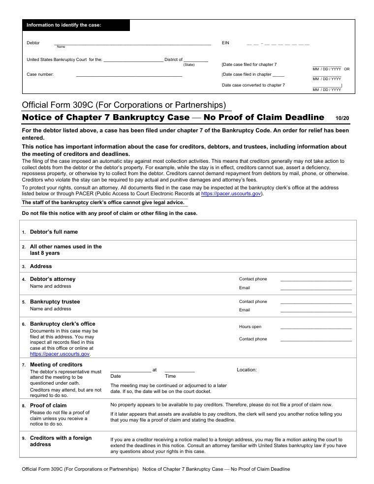 Official Form 309C Notice of Chapter 7 Bankruptcy Case for Corporations or Partnerships document preview