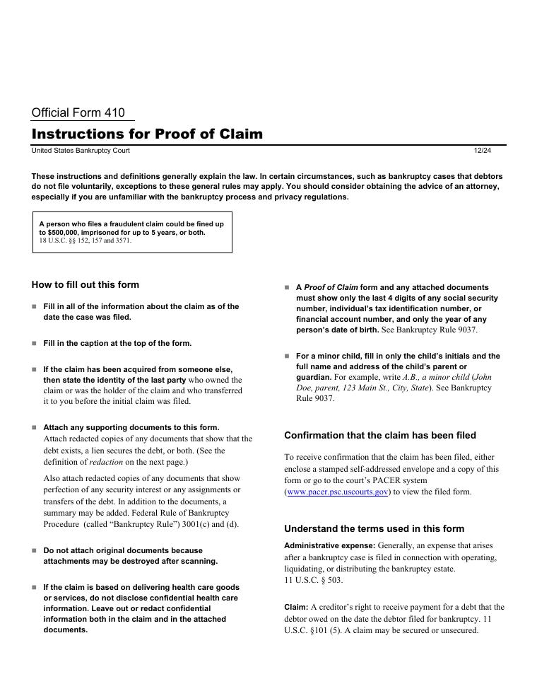Official Form 410 Instructions for Proof of Claim document preview