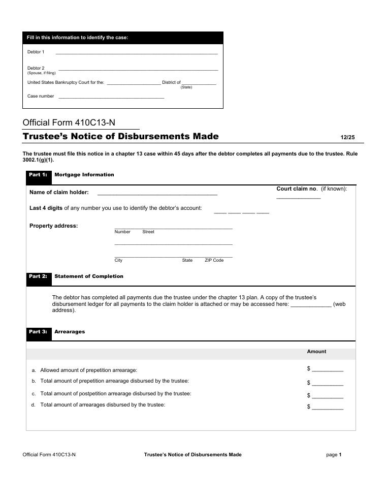 Official Form 410C13-N Trustee's Notice of Disbursements Made document preview