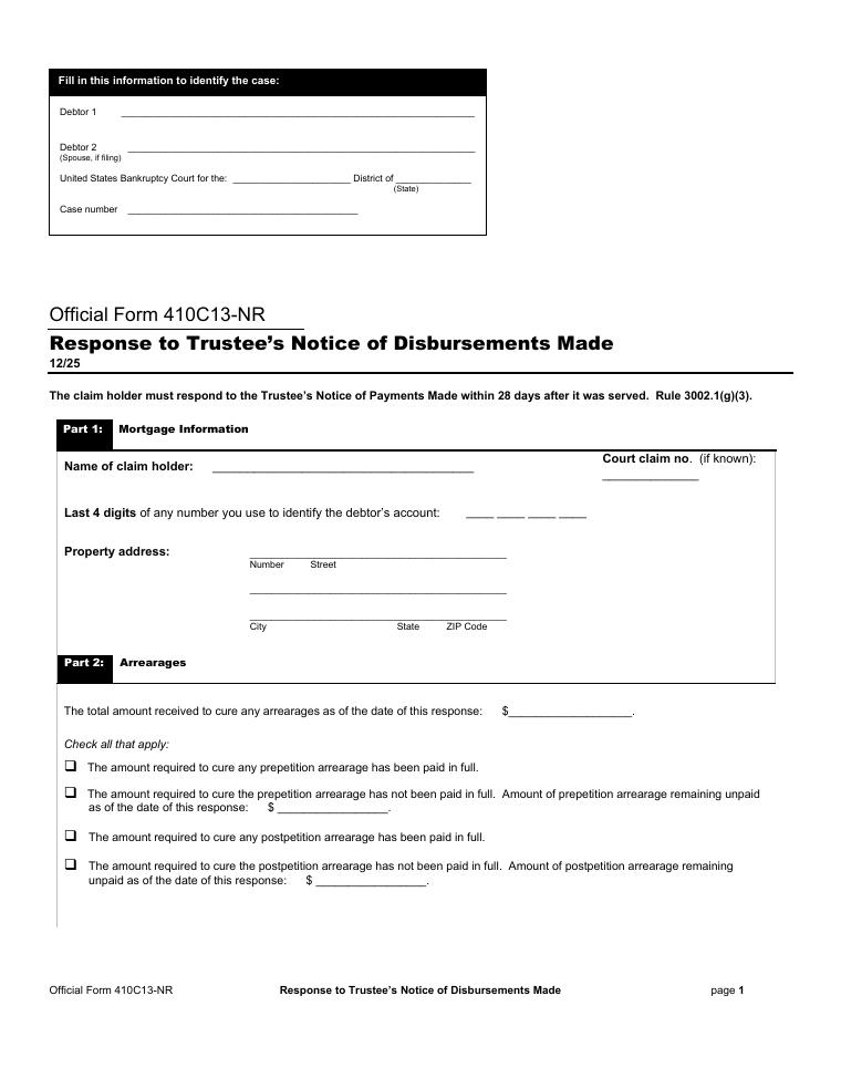 Official Form 410C13-NR Response to Trustees Notice of Disbursements Made document preview