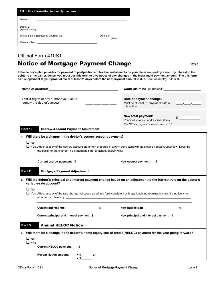 Official Form 410S1 Notice of Mortgage Payment Change document preview