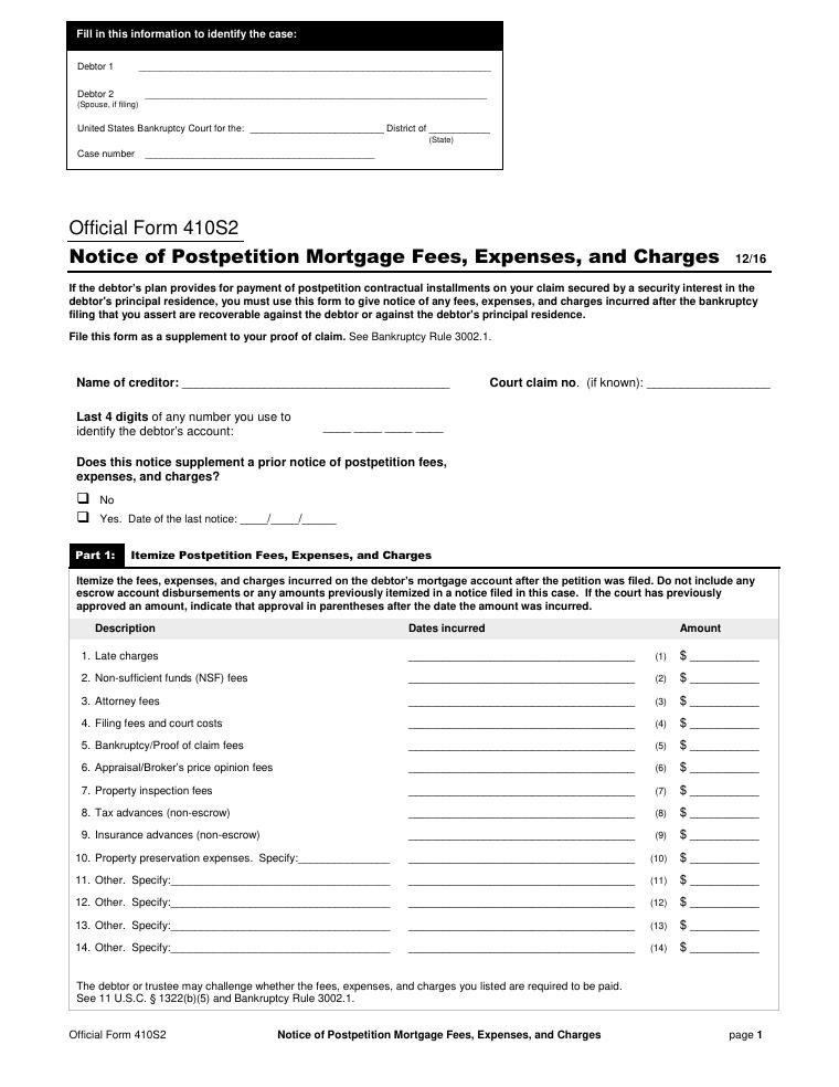 Official Form 410S2 Notice of Postpetition Mortgage Fees, Expenses, and Charges document preview