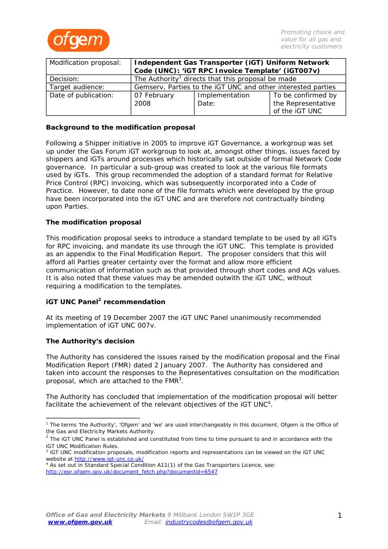 Ofgem iGT UNC 007v RPC Invoice Template document preview