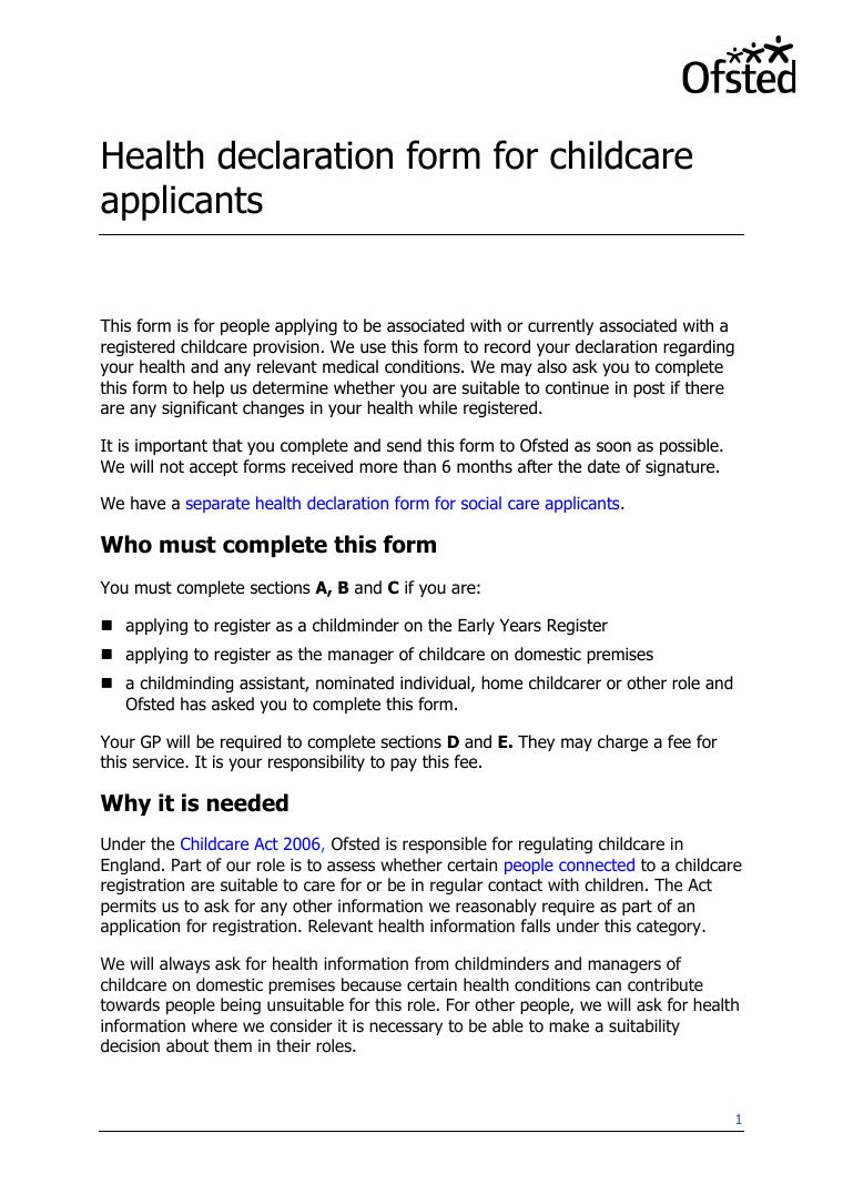 Ofsted Health Declaration Form for Childcare Applicants document preview