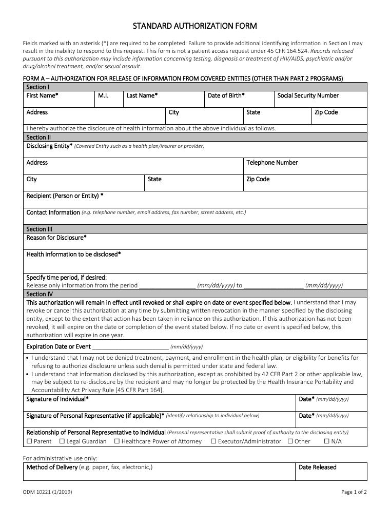 Ohio Medicaid ODM 10221 Standard Authorization Form document preview
