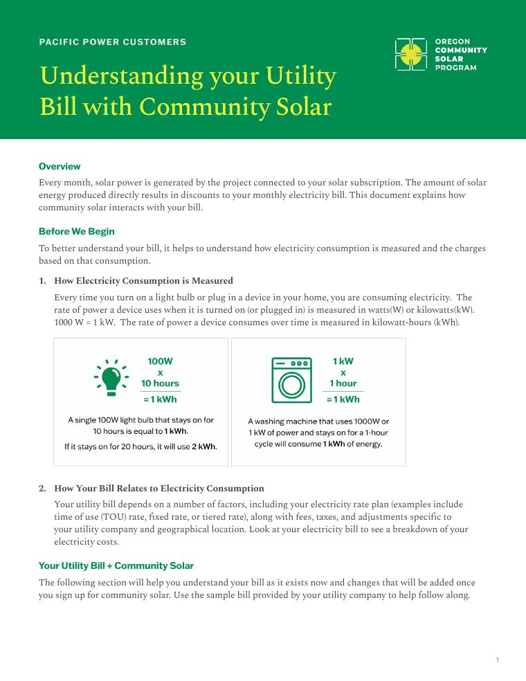 Oregon CSP Pacific Power Community Solar Utility Bill Guide document preview