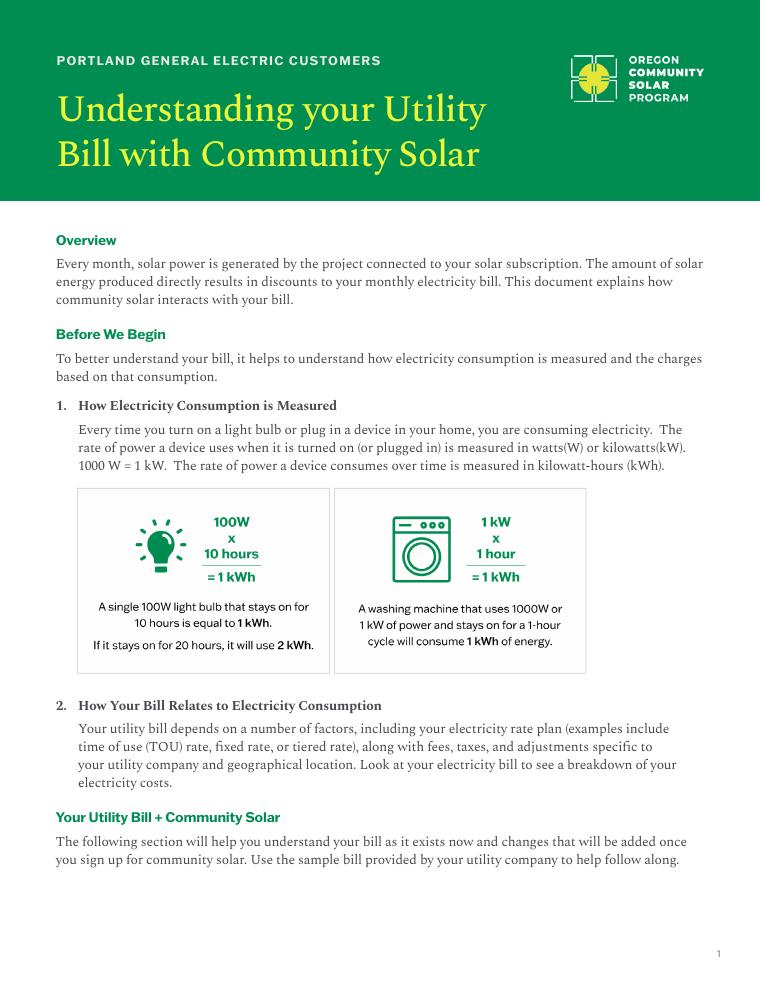 Oregon CSP PGE Community Solar Utility Bill Guide document preview