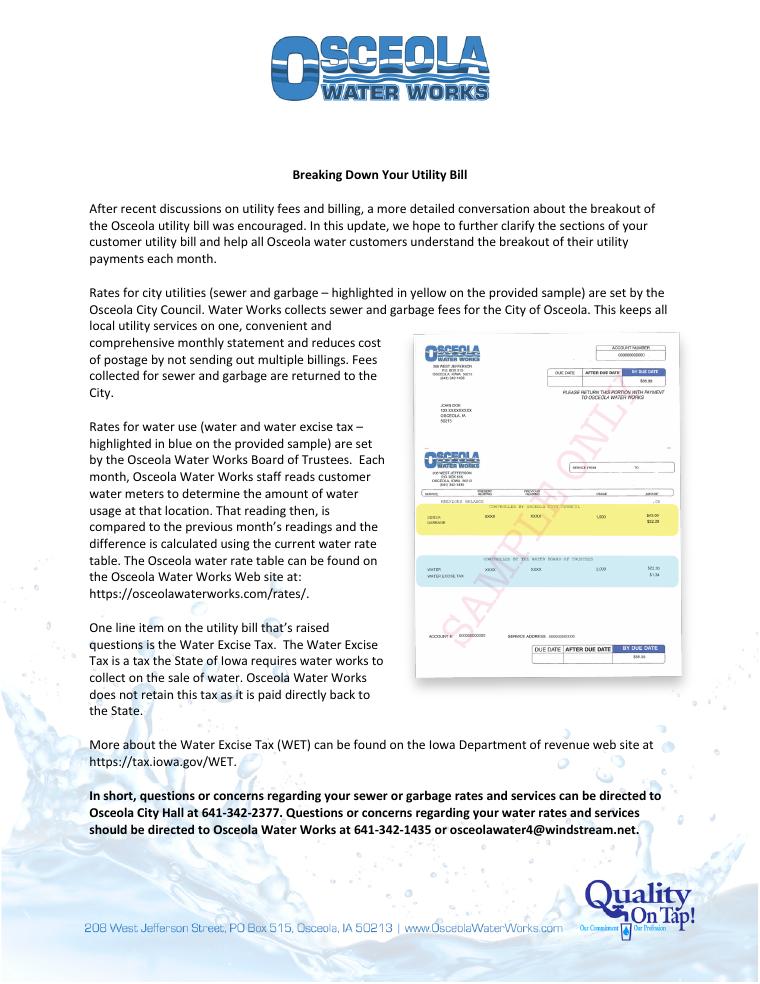 Osceola Water Works Utility Bill Reminder Sample document preview