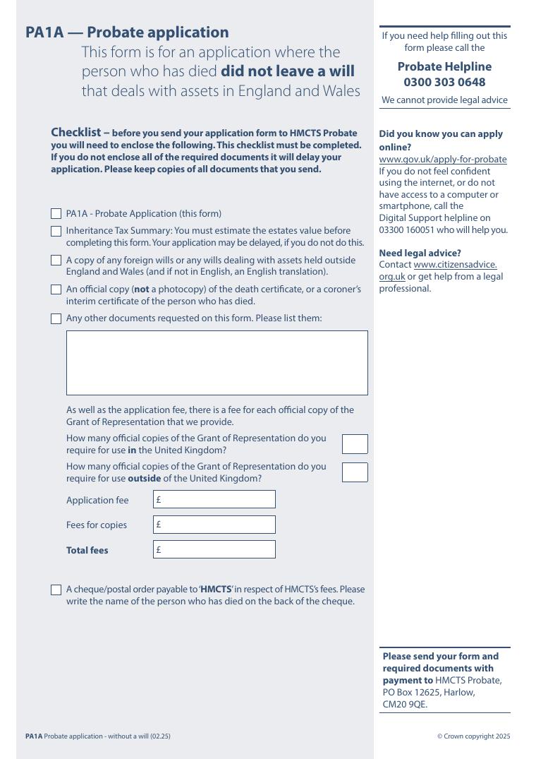 PA1A Probate Application document preview