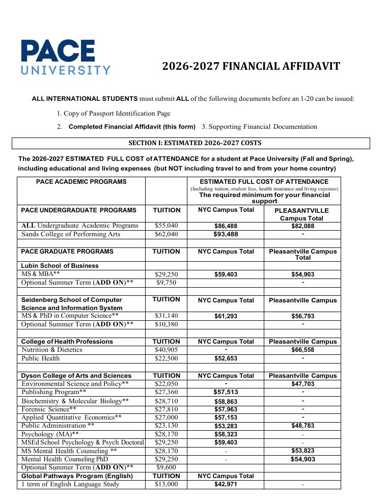 Pace University Financial Affidavit 2026-2027 document preview