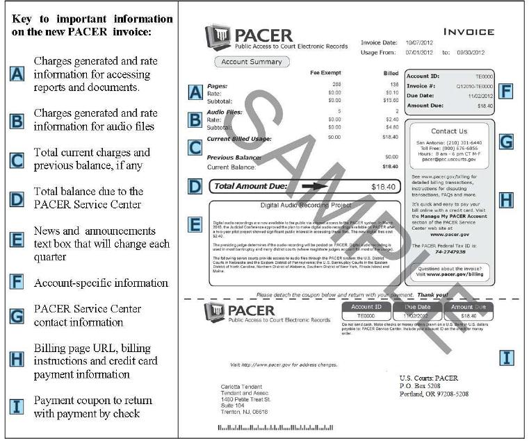 PACER Sample Invoice and Statement of Account document preview