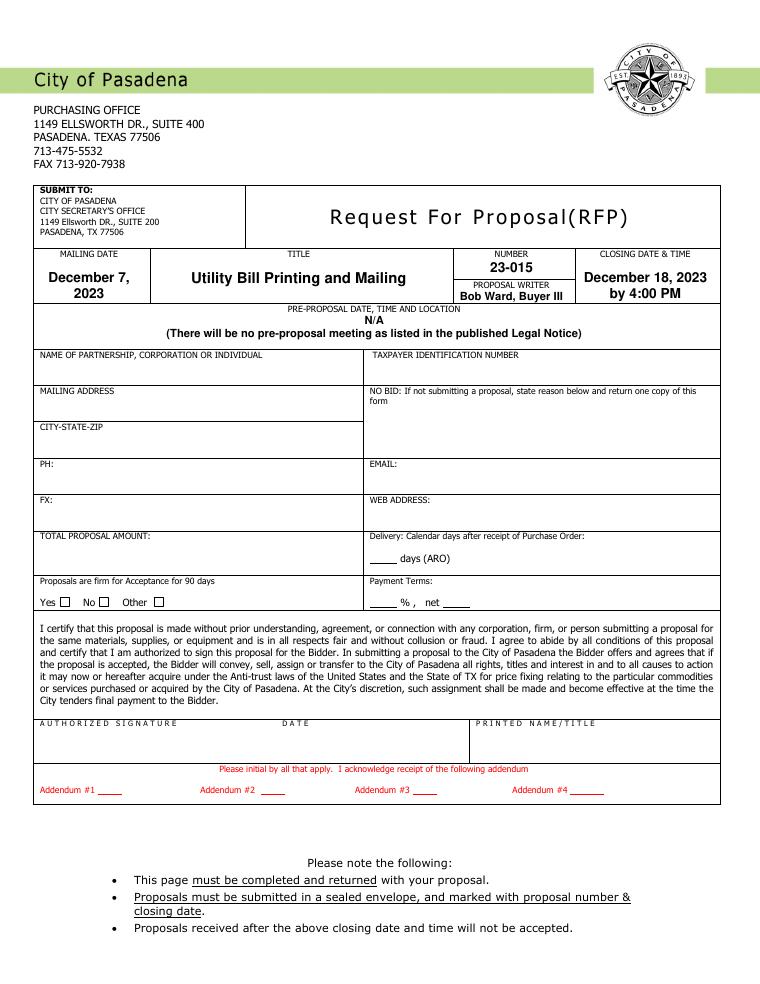 Pasadena Utility Billing Printing RFP Sample Bill document preview