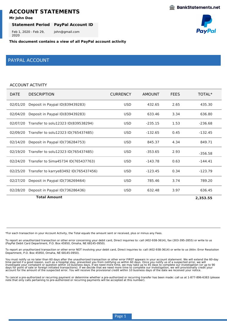 Paypal Bank Statement document preview