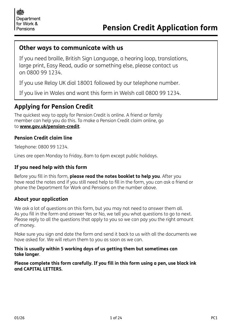 PC1 Pension Credit Claim Form document preview