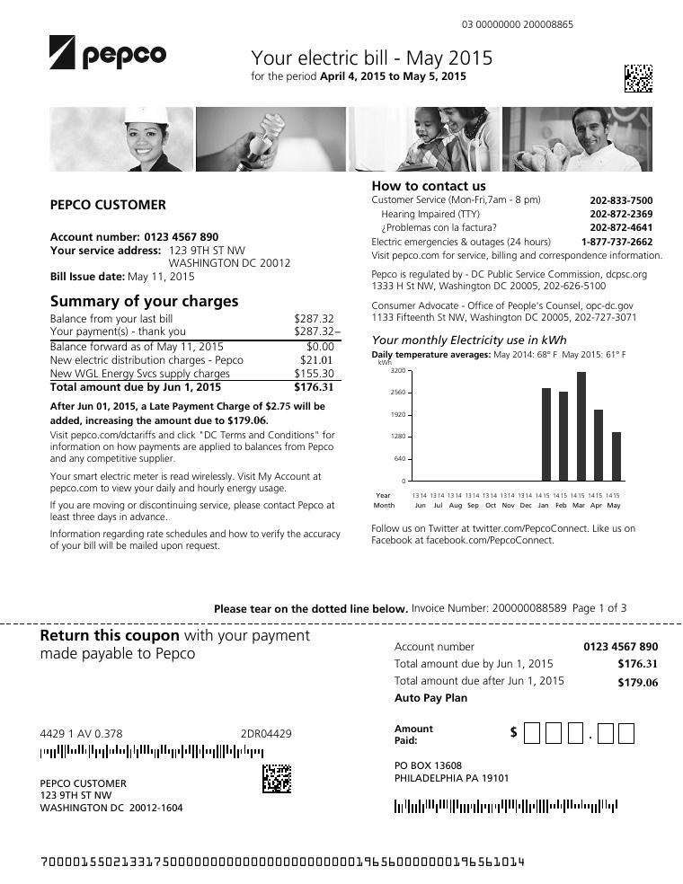 Pepco Residential Customer Electric Bill Sample document preview
