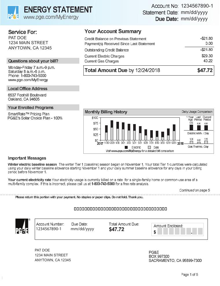 PG&E Sample Energy Statement document preview