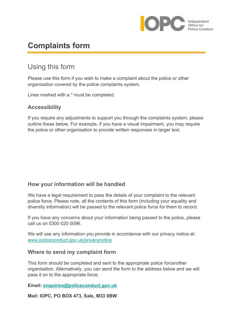 Police Complaints Form (UK) document preview