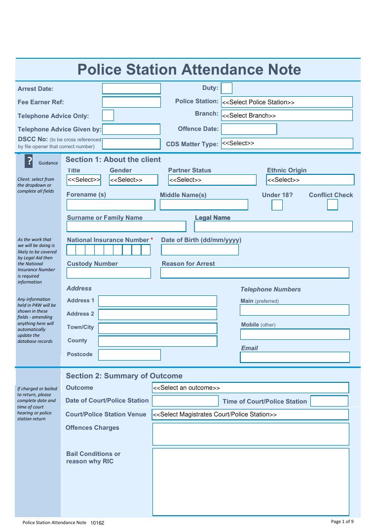 Police Station Attendance Form (UK) document preview