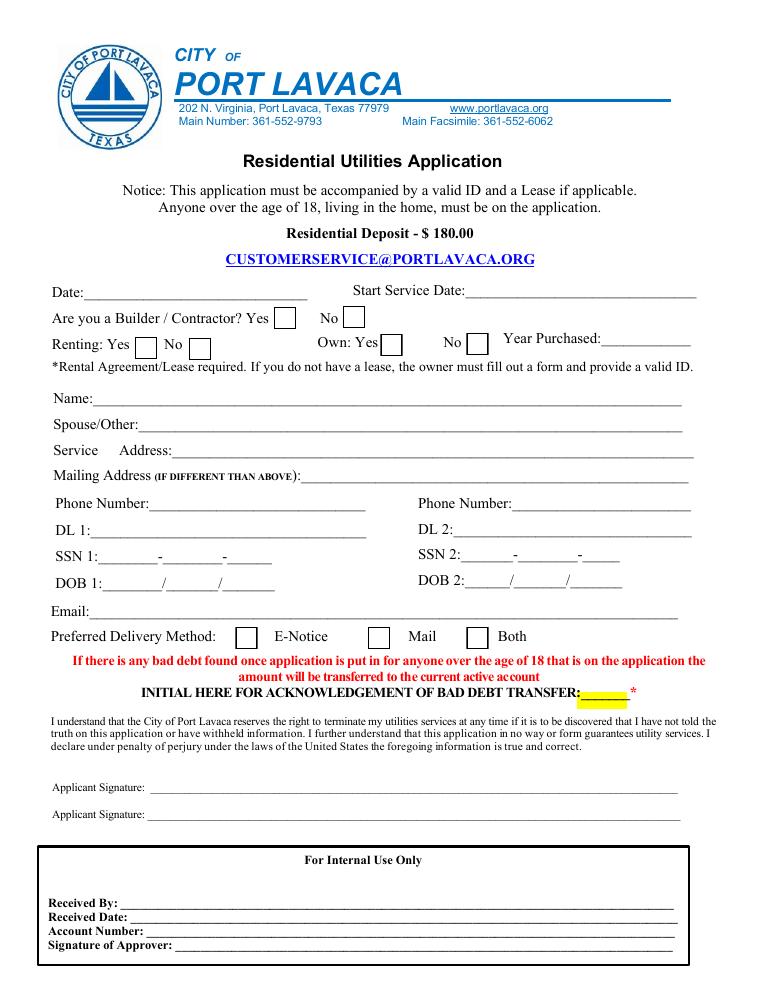 Port Lavaca Residential Service Packet Sample Water Bill document preview
