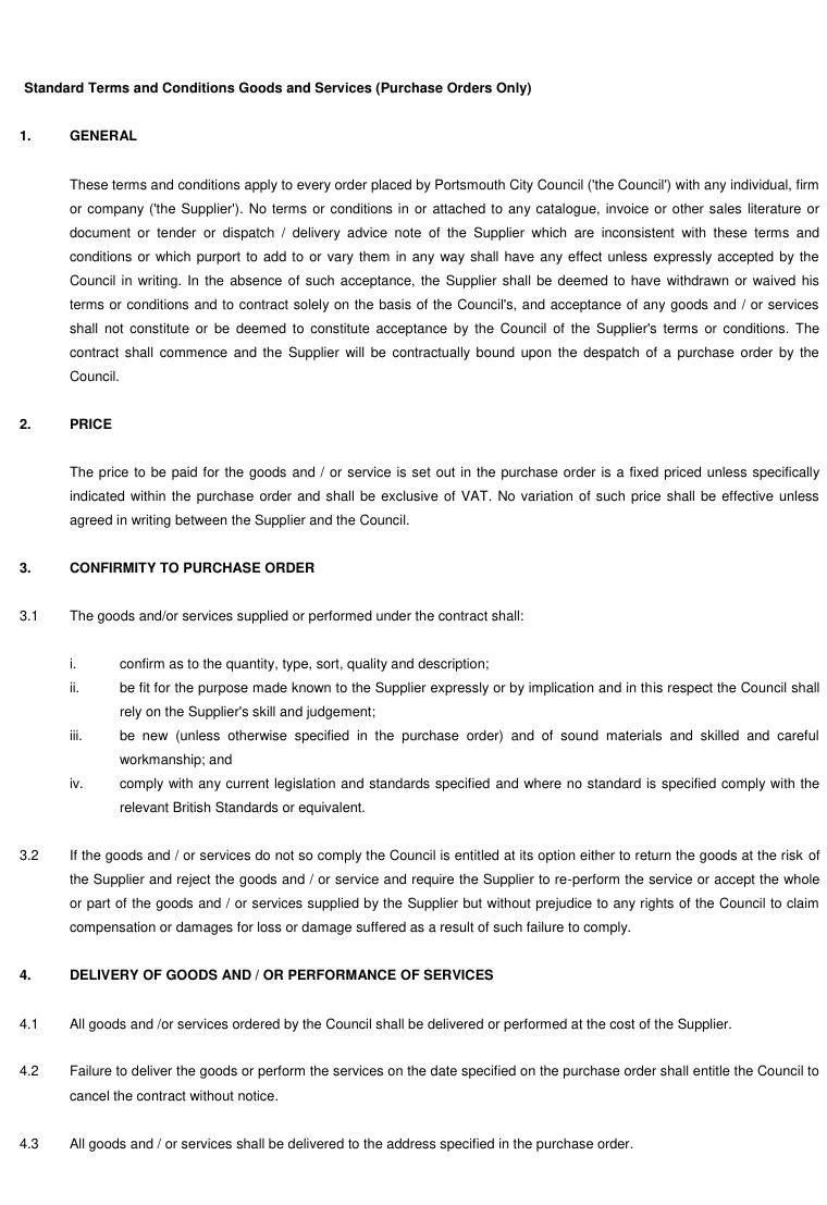 Portsmouth City Council Purchase Order Terms of Goods and Services document preview