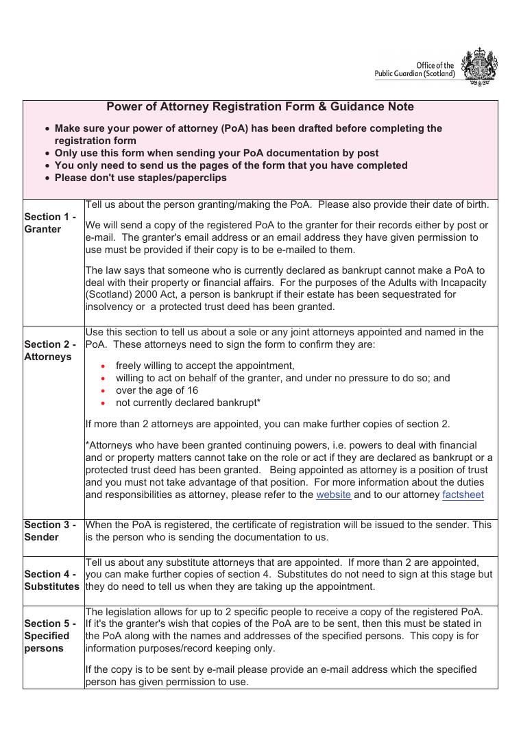 Power of Attorney Registration Form and Guidance Note document preview