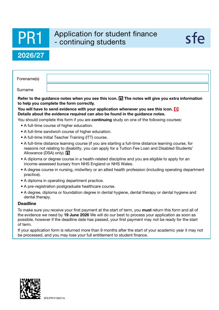 PR1 Application for Student Finance 2026/27 document preview