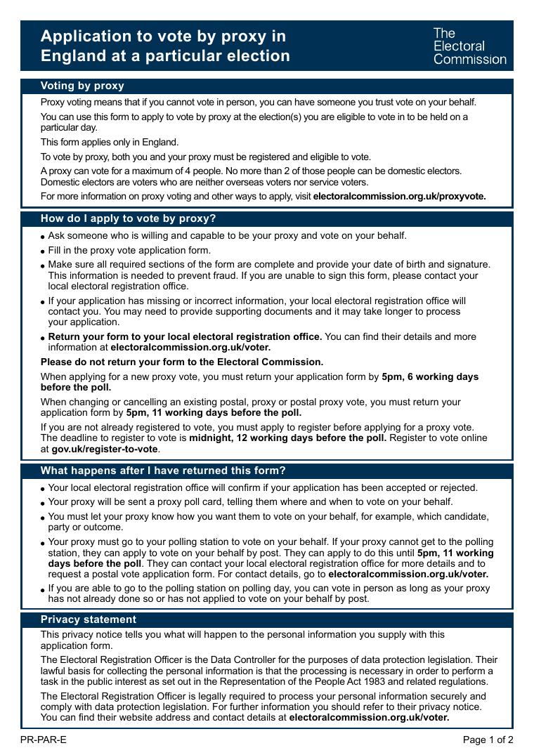 Proxy Vote Application for a Particular Election in England document preview