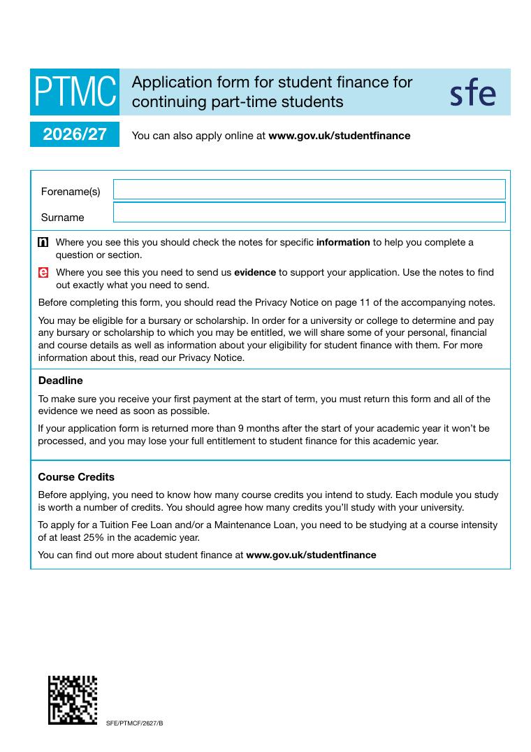 PTMC Part-Time Maintenance Loan Application 2026/27 document preview