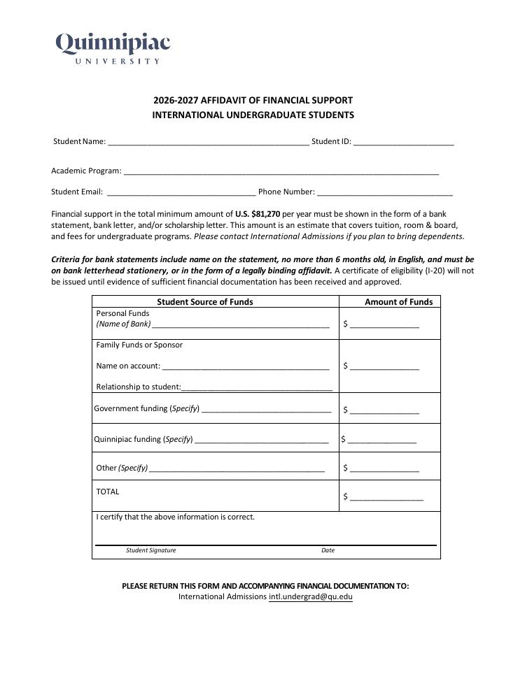 Quinnipiac University Affidavit of Financial Support 2026-2027 document preview