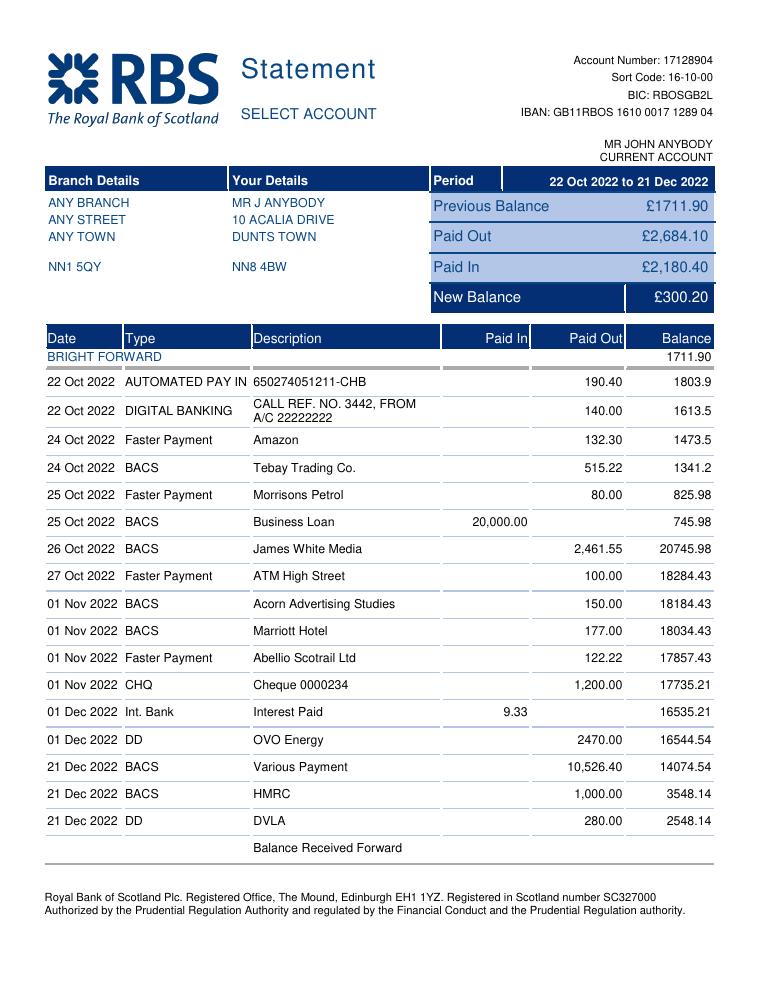 RBS Bank Statement document preview