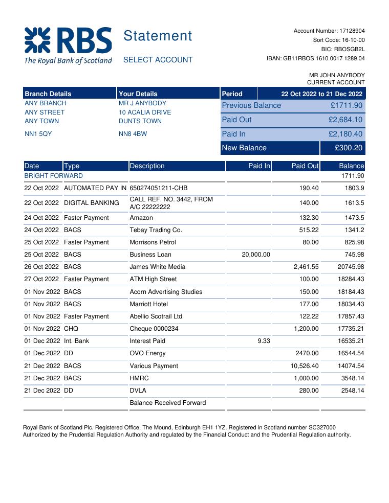RBS Bank Statement document preview