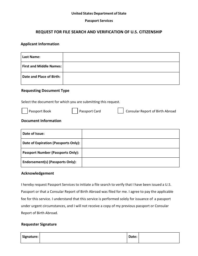 Request for File Search and Verification of U.S. Citizenship document preview