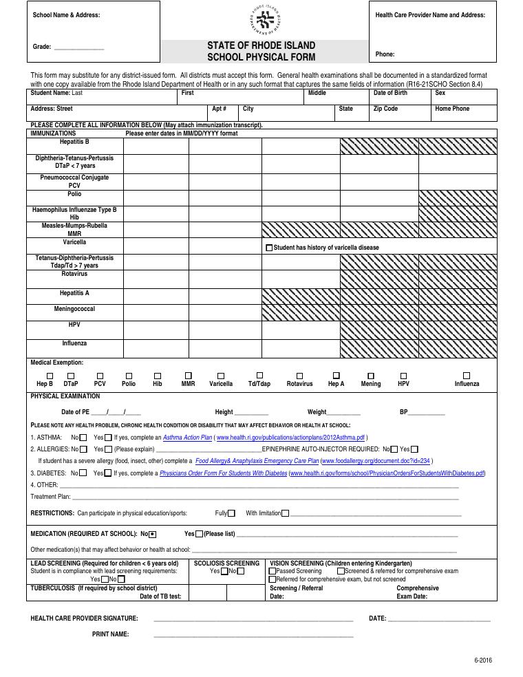 Rhode Island School Physical Form document preview
