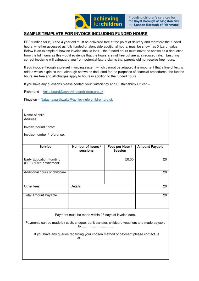 Richmond Council Sample Invoice Template Including Funded Hours document preview