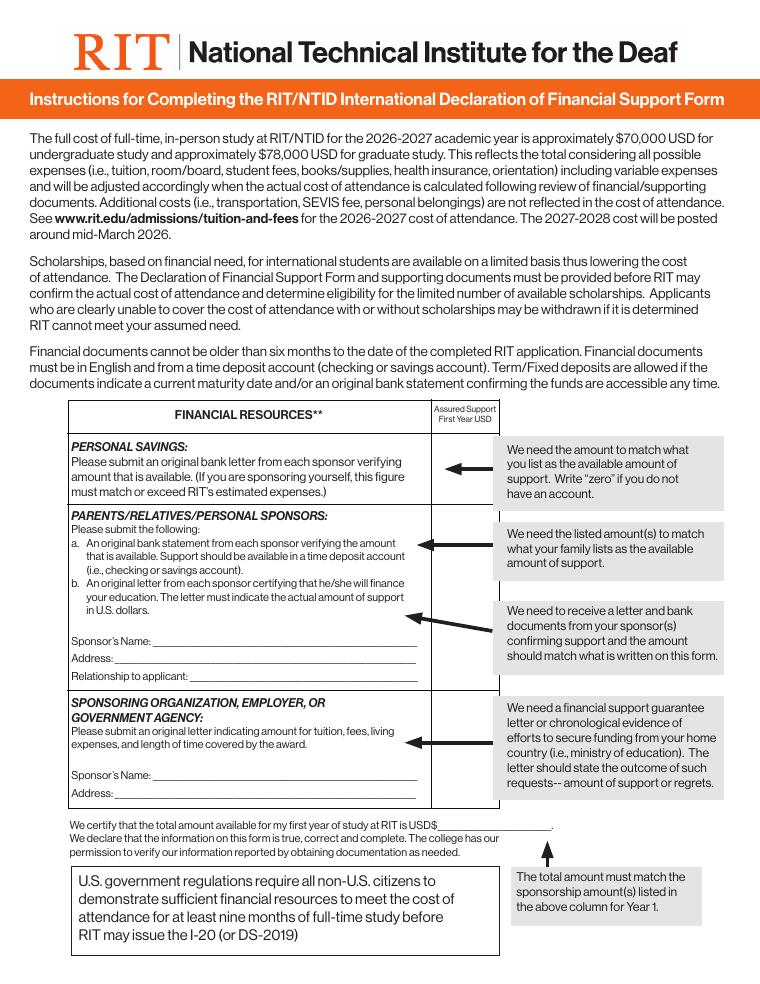 RIT NTID International Declaration of Financial Support Form 2026 document preview