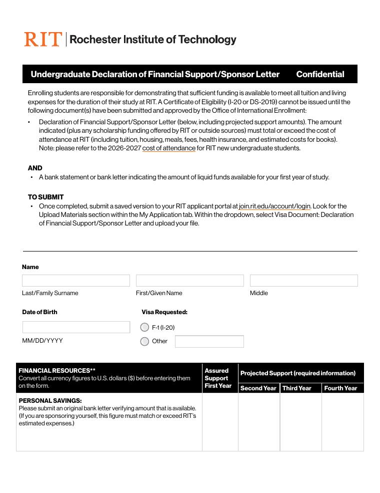 RIT Undergraduate Declaration of Financial Support Sponsor Letter 2026-2027 document preview