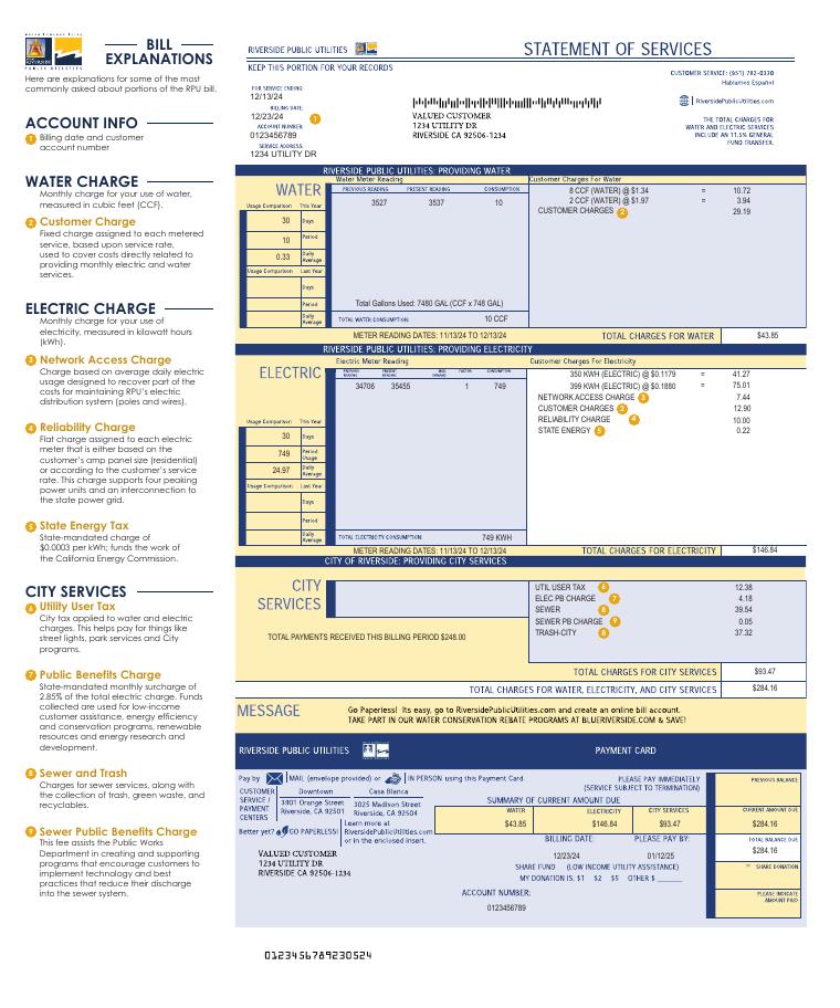 Riverside Public Utilities Bill Sample document preview