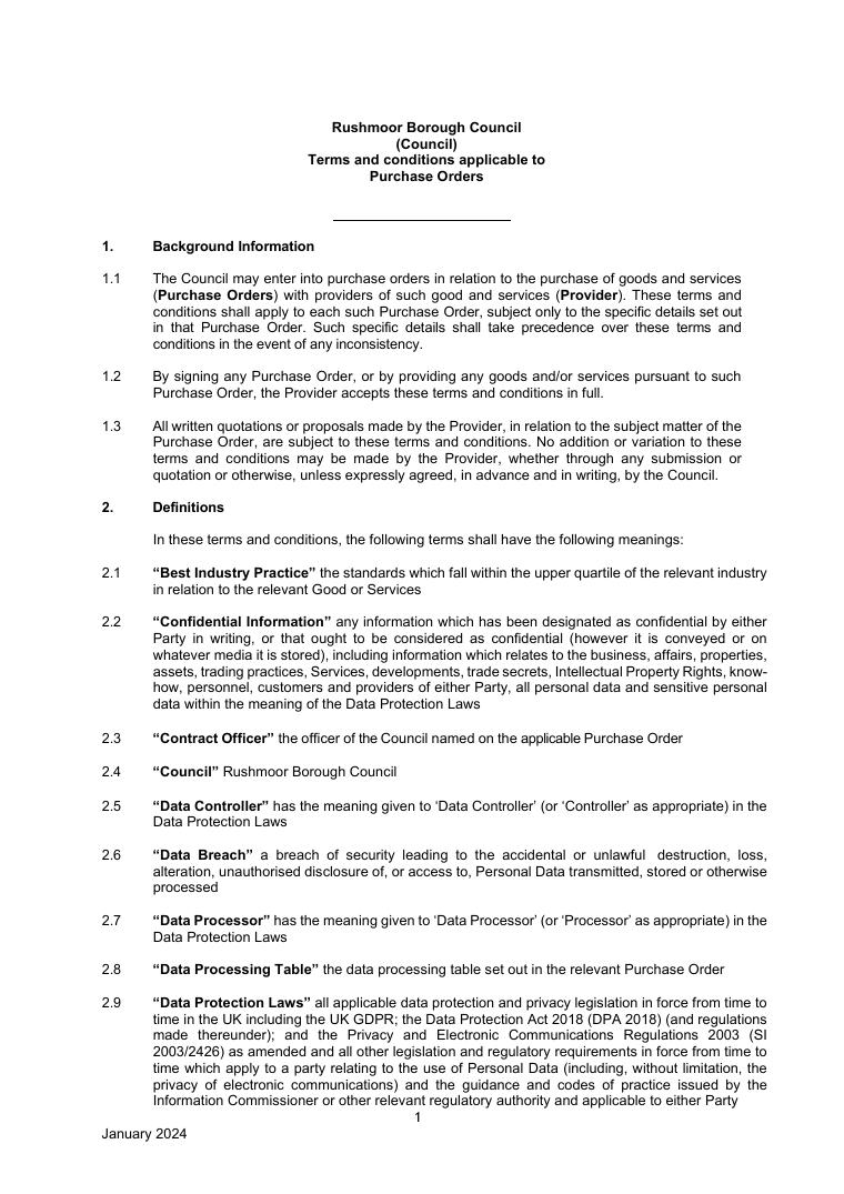 Rushmoor Borough Council Purchase Order Terms and Conditions document preview