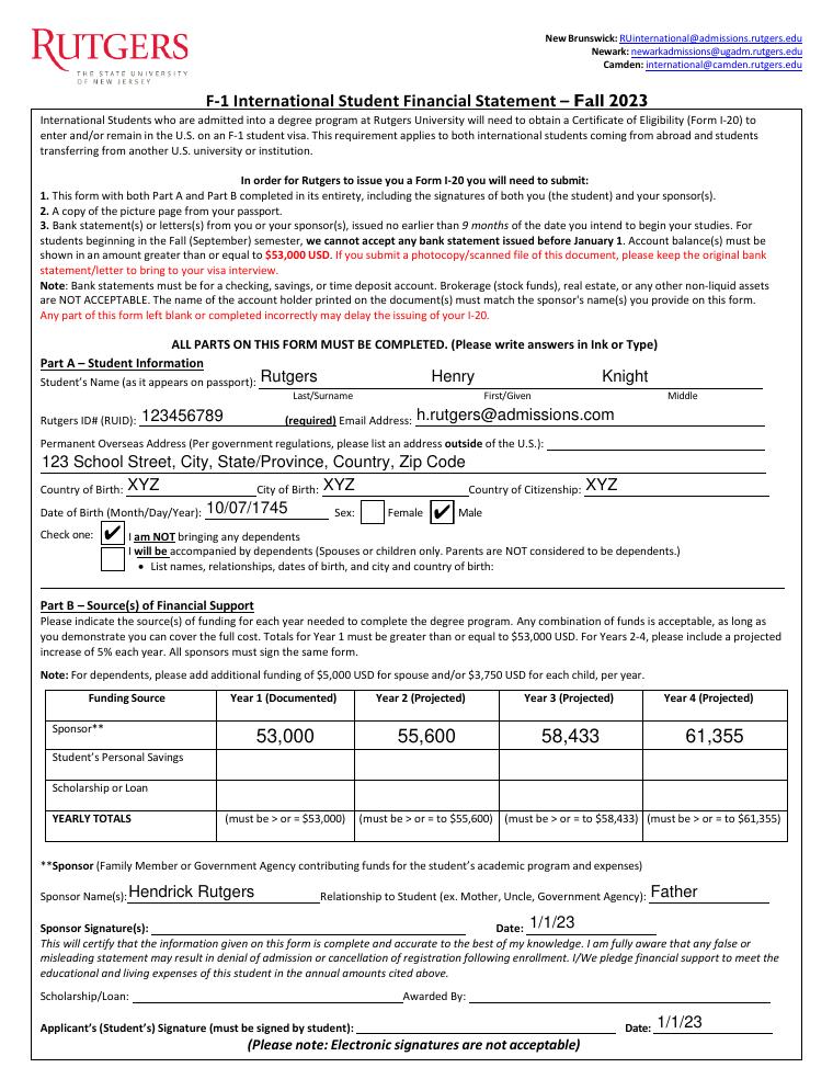 Rutgers F-1 International Student Financial Statement Sample document preview