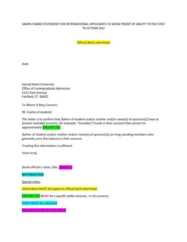 Sacred Heart University Sample Bank Statement document preview