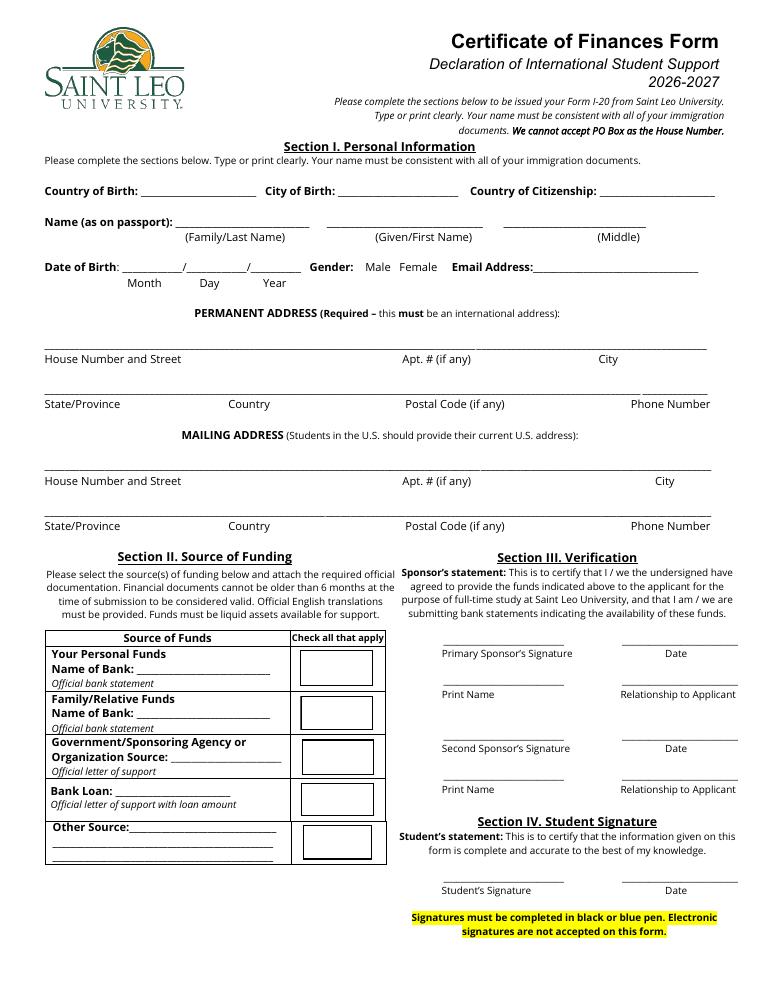 Saint Leo University Certificate of Finances 2026-2027 document preview