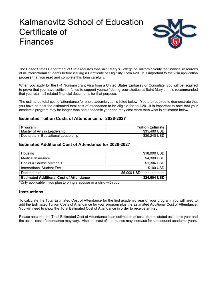 Saint Marys College KSOE Leadership Certificate of Finances 2026-2027 document preview