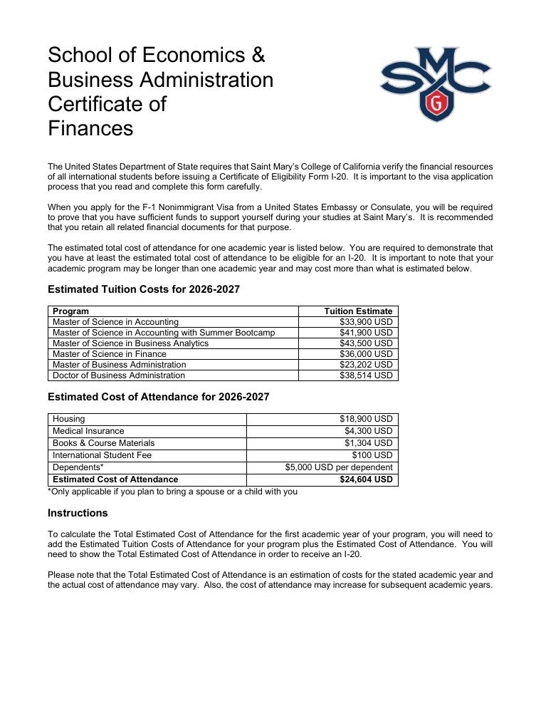 Saint Marys College of California SEBA Certificate of Finances 2026-2027 document preview