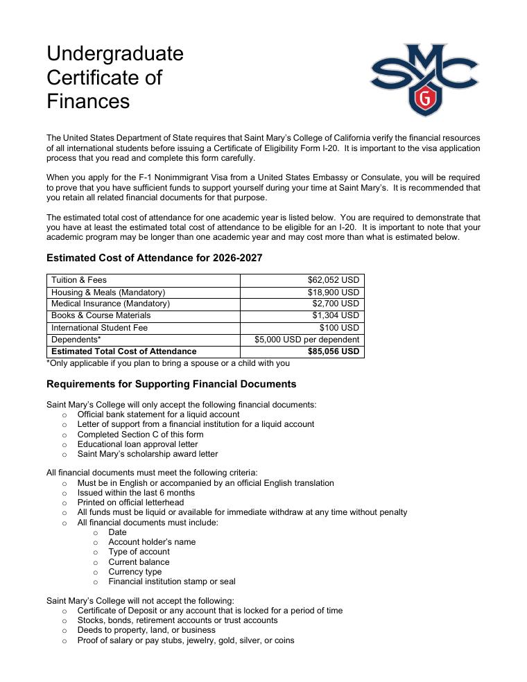 Saint Marys College Undergraduate Certificate of Finances 2026-2027 document preview